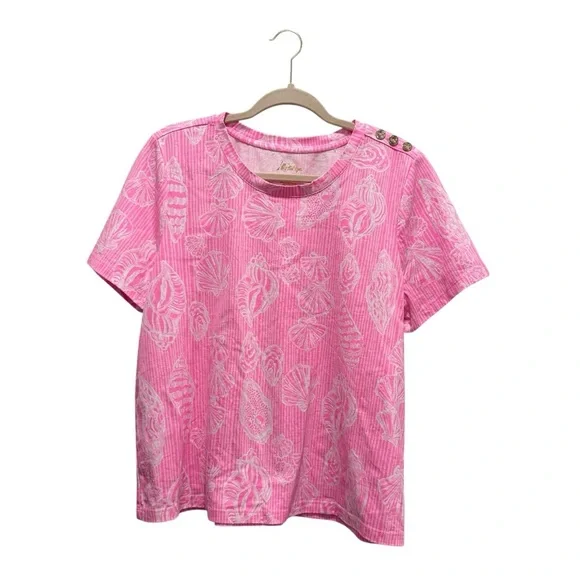 NWOT Lilly Pulitzer Barreto Cotton Top Short Sleeve Gold Button Beach Pink M - Picture 2 of 12